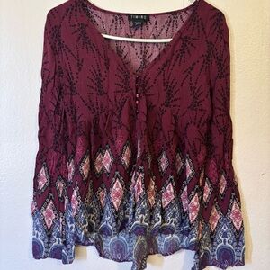 Women's Maroon and Navy Patterned Flowy Blouse, Long Sleeve with Loose Flowy Hem
